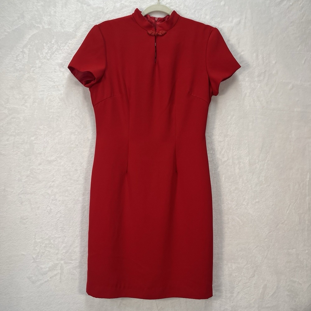 VTG Virgo Short Sleeve Sheath Dress Womens 8 Red Mandarin Collar Made in USA